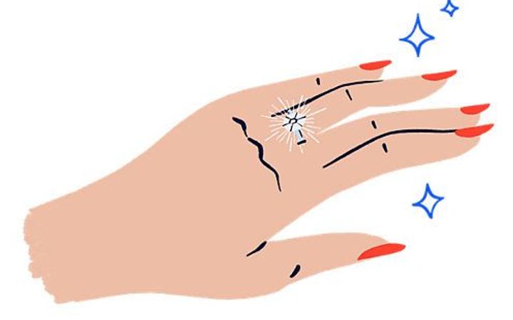 Hand-drawn illustration of a woman's hand wearing a sparkling engagement ring.